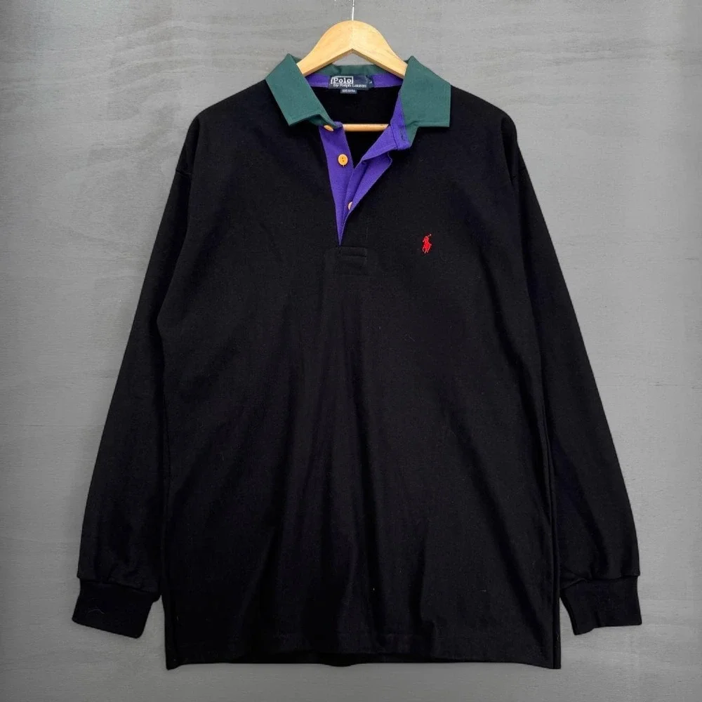 Polo Ralph Lauren Made in USA Rugby Shirt Black Colorblock Jasper Textiles Large